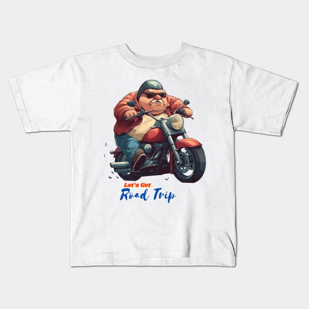 A fat man drives a motorcycle with fun. Kids T-Shirt by ToonStickerShop